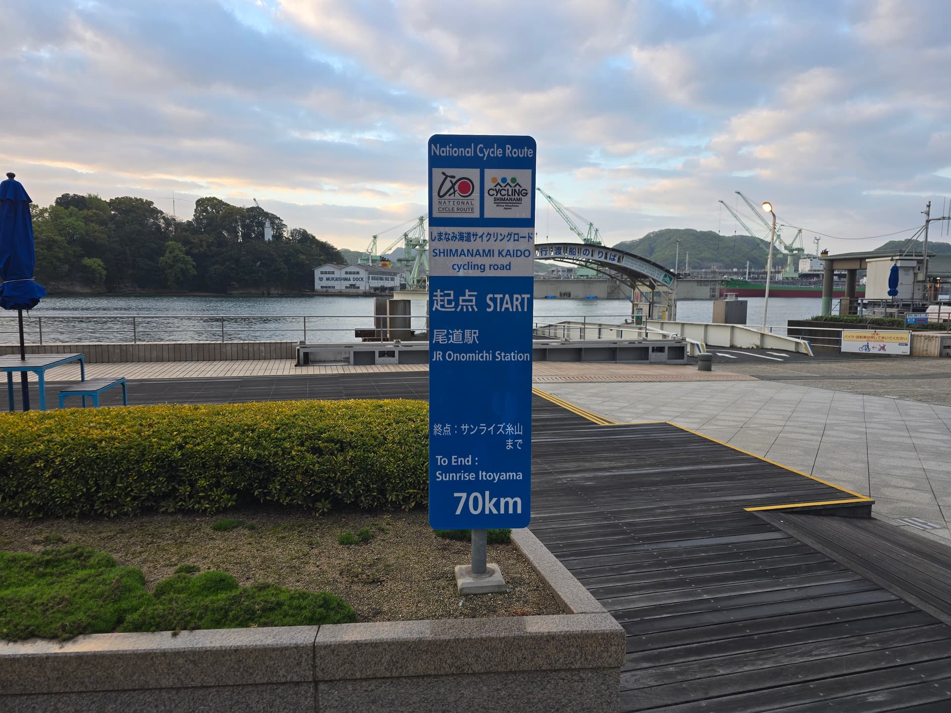 しまなみ海道サイクリングの起点看板（尾道駅付近）