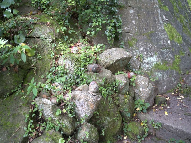 猫の細道の福石猫（引き）——石垣に置かれた陶製の猫・直径約15cm