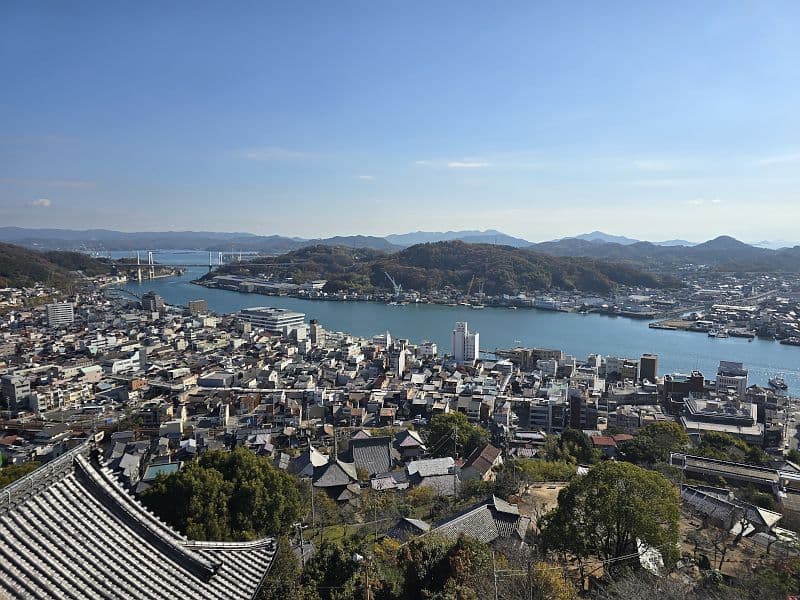千光寺の屋根瓦越しに広がる尾道水道と市街地の眺望
