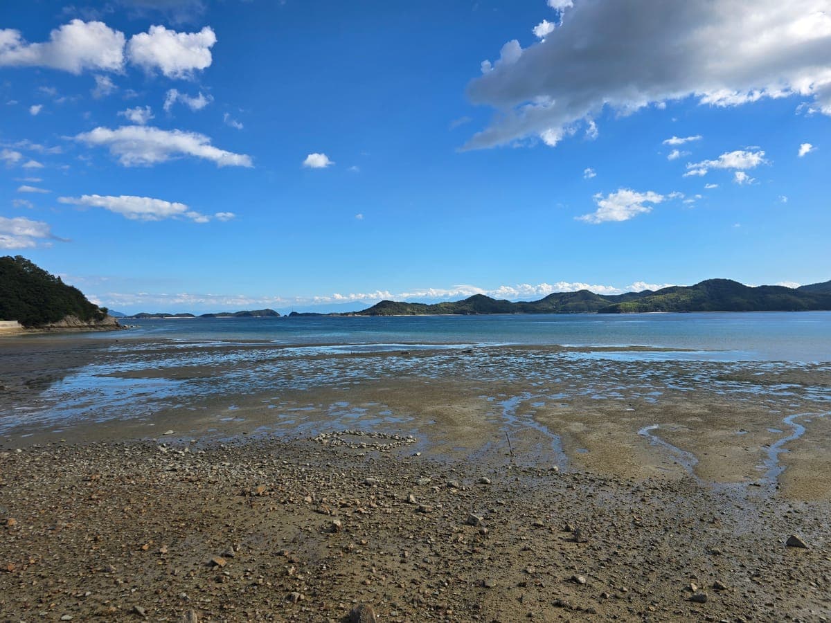 生口島の南岸の干潟と沖に見える伯方島