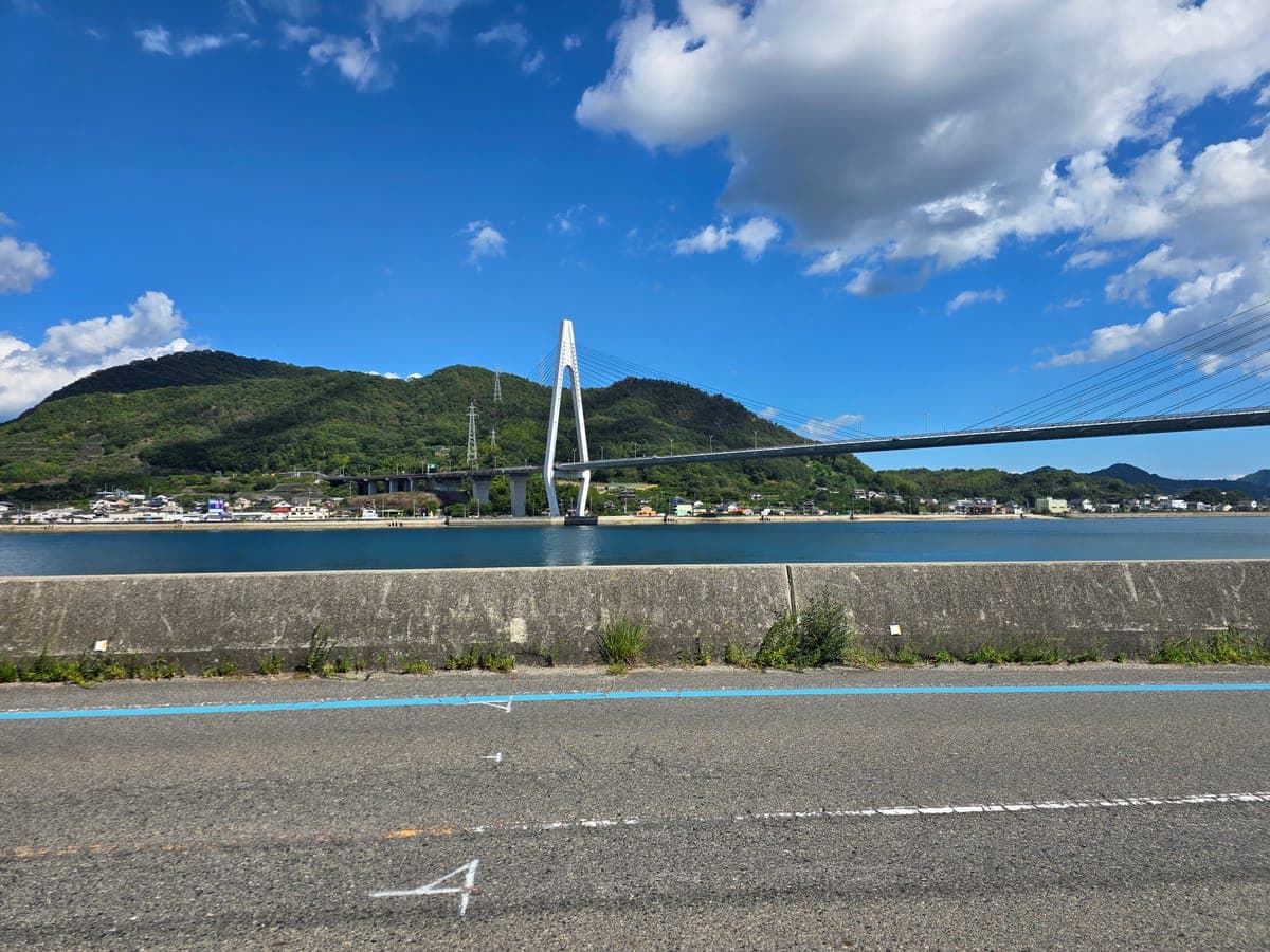 生口島側のセブンイレブン前から見た生口橋(白い逆Y字の主塔と因島)