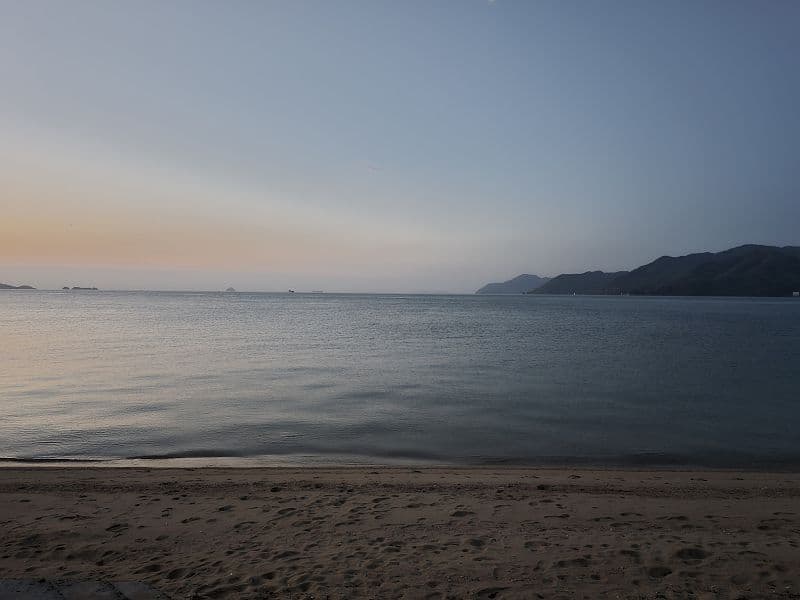 早朝の立花の海岸——日の出直後・人のいない静かな海岸線の全景
